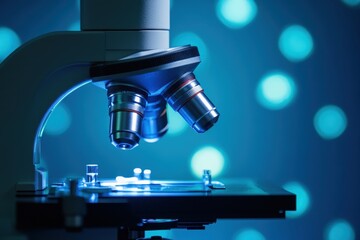 Poster - Microscope under bright lighting with blue bokeh background during laboratory research