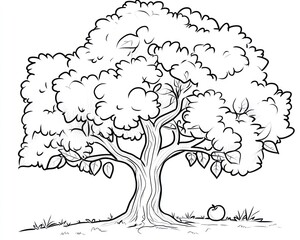 lush, full tree with single apple at base. simple line drawing