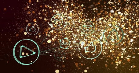 Poster - animation of social media icons connected on sparkling gold bokeh background