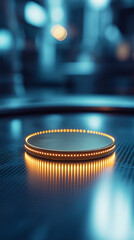 Poster - Circular metallic podium with warm-toned light illumination, set against a blurred blue background, showcasing a clean, modern aesthetic for product display or presentation