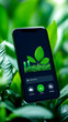 © FTN-STUDIO - A smartphone displaying a green-themed app surrounded by lush green leaves, symbolizing nature and eco-friendliness.
