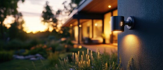 Poster - Modern cylindrical outdoor wall light illuminating the side of a house at sunset, casting a warm glow on the lush landscaping in the evening light
