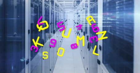 Poster - Animation of colorful letters floating over server racks in data center corridor