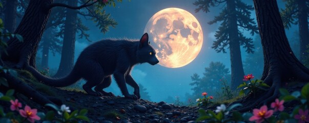 Wall Mural - Full Moon forest creature, night, howling
