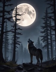 Wall Mural - Full moon illuminated forest at dusk with a lone wolf standing upright on its hind legs howling, serene, animal