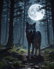 Wall Mural - Full moon illuminated forest floor with a lone howling wolf in the shadows, nighttime, dark
