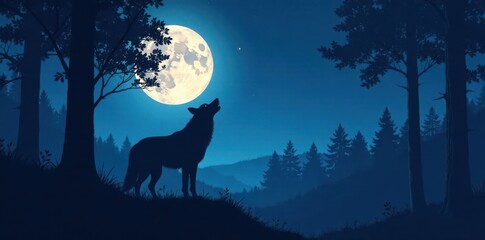 Wall Mural - Full moon illuminated forest night, silhouette of a lone wolf howling softly, animal sounds, wilderness