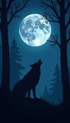 Wall Mural - Full moon silhouetted wolf howls loudly in forest darkness, wilderness, forest