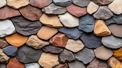 Poster - Close-up view of a vibrant wall made of irregularly shaped multicolored stones in shades of brown, gray, beige, red, and blue showcasing nature's elegance