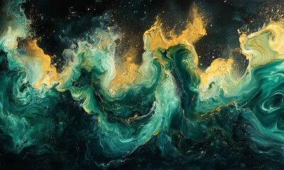 Poster - Abstract Emerald and Gold Fluid Art Background with Dynamic Swirls and Shimmering Highlights