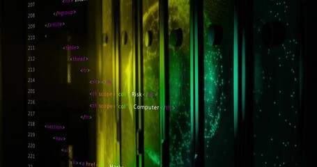 Poster - In school, animation of computer code on globe with server racks for cybersecurity
