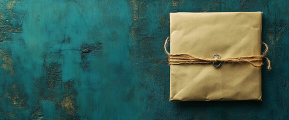 Poster - Beige paper package tied with twine on teal textured background, showcasing rustic simplicity and vintage aesthetics, ideal for message or announcement mockup