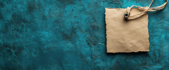 Poster - Blank beige paper tag on teal textured background, tied with twine, showcasing free space for text or logo, ideal for rustic or vintage designs, mockup