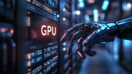 Poster - Robotic Hand Reaching Toward Glowing GPU in a High-Tech Server Environment