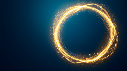 Wall Mural - Abstract golden shiny circle on a dark blue background, yellow light circle with copy space