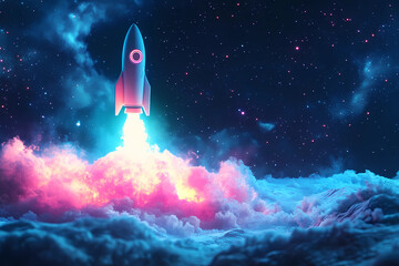 Wall Mural - Rocket coming out of laptop screen, innovation and creativity concept, background. 
