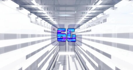 Poster - Glowing 6G text in vibrant blue and purple, futuristic corridor animation