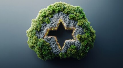 Aufkleber - A digitally rendered circular landscape filled with lush moss featu a glowing five-pointed star shape intricately carved at its center point.