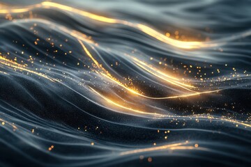 Poster - Abstract waves with glowing particles in a dark setting create a mesmerizing visual effect