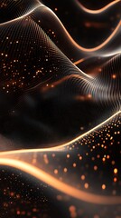 Fototapete - Abstract Dark Background with Orange Glowing Particles and Wave Pattern