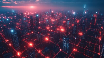 Poster - Urban Landscape with Glowing Lines Connecting Smart Devices in IoT Network