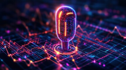 Poster - A colorful digital rende of a glowing microphone floating above a vibrant circuit board with dynamic data streams in a high-tech background setting