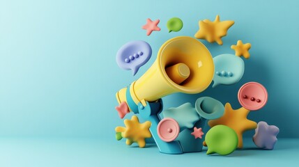 Poster - Yellow mehone on light blue background surrounded by colorful speech bubbles and star shapes representing communication and expression concepts visually appealing