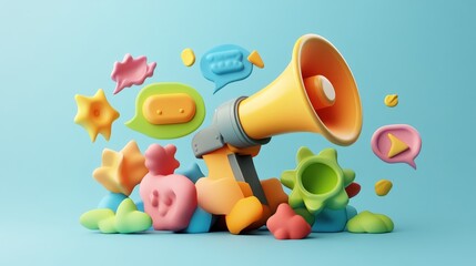 Poster - Vibrant 3D Rende of a Yellow Mehone Surrounded by Colorful Abstract Shapes Representing Social Media Icons on Light Blue Background