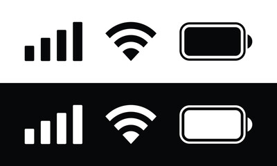 smartphone notification bar wifi signal battery user interface icons. black white icon set of phone 