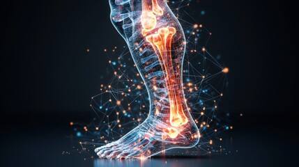 Poster - Digital rende of lower leg and foot skeletal structure highlighting joints and glowing connections in a stunning dark background illustration