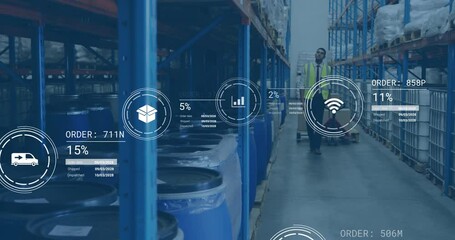 Poster - Managing inventory, warehouse worker using animation data analytics on blue barrels