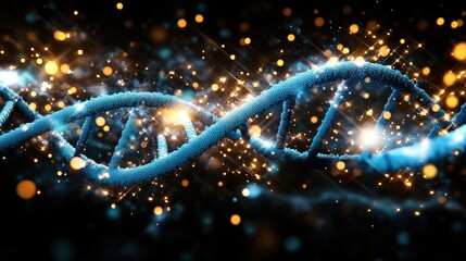 Poster - A captivating 3D visualization of a shimme blue DNA double helix against a dark background filled with sparkling golden and blue light particles and effects