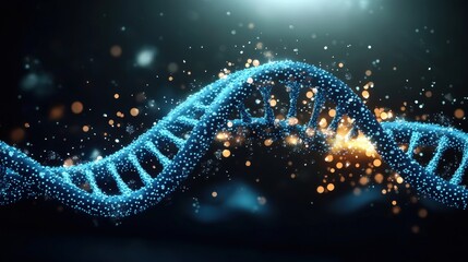 Poster - Luminous Blue DNA Double Helix Structure in 3D Render, Interconnected Points of Light Against Dark Background, Scientific and Artistic Representation