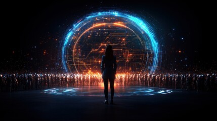 Poster - Silhouetted Woman Before Glowing Digital Orb Surrounded by Crowd of Indistinct Figures in a Dark Futuristic Setting with Circuits and Technology