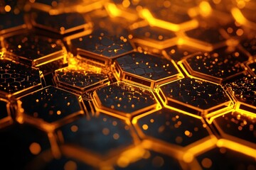 Poster - Dark metallic hexagons glow with bright orange light, very close up. It could represent high tech, engineering, or a honeycomb structure.