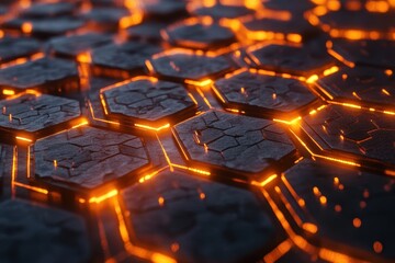 Poster - Dark stone hexagons with bright orange glowing lines. Use it as a tech, science, or energy background image.