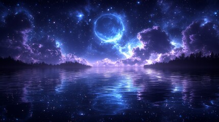 Wall Mural - a night sky filled with stars and a full moon over a body of water
