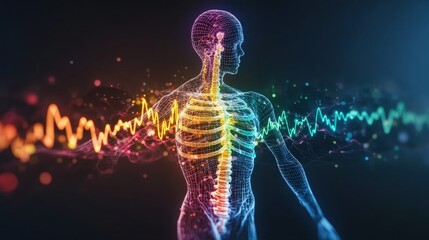 Aufkleber - A digital wireframe rende of a human torso illustrating the skeletal framework overlayed with colorful energy waves representing bio-energy vitality concept