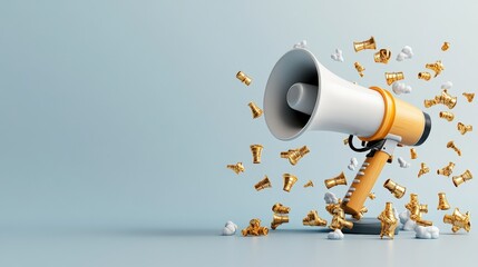 Poster - A 3D rende of a white and orange mehone releasing smaller gold and white mehones on a serene light blue background creating a dynamic scene