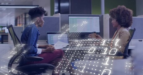 Poster - Two people discussing work at office with binary code animation overlay