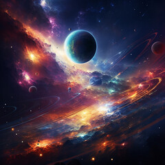 Wall Mural - A vibrant depiction of planets and swirling nebulas in a colorful cosmic space landscape view scene