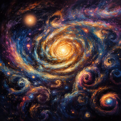 Wall Mural - A vibrant cosmic artwork featuring swirling galaxies and celestial bodies in a colorful display of space