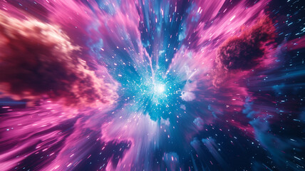 Wall Mural - Abstract cosmic explosion with pink and blue nebula and bright center of light in deep space view