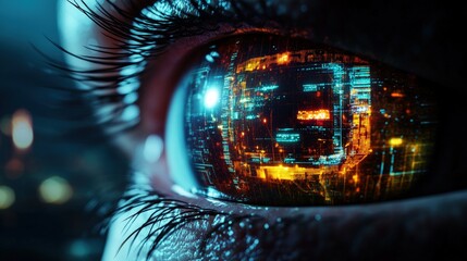 Poster - Close-up of a human eye showcasing a vibrant futuristic cityscape with glowing circuitry and dynamic data streams beautifully reflected in the iris