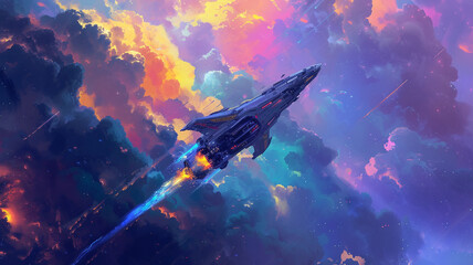 Wall Mural - Spaceship flying through colorful clouds with a trail of fire and light in a fantasy setting