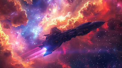 Wall Mural - Spaceship flying through a colorful nebula with stars and clouds in a fantasy setting scene