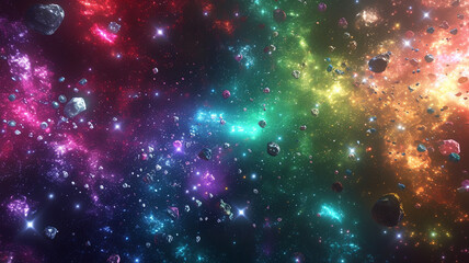 Wall Mural - A vibrant cosmic scene featuring asteroids and nebulas in a rainbow of colors across the vast expanse
