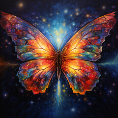 Wall Mural - A vibrant butterfly with colorful wings against a starry night sky background with glowing light