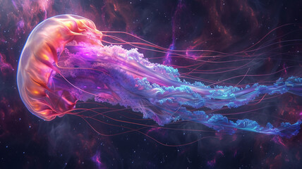 Wall Mural - A colorful jellyfish floating in a dark space with stars and nebula like clouds surrounding it