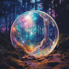 Wall Mural - A glowing orb reflecting a forest scene nestled among rocks and moss in a dark forest setting view